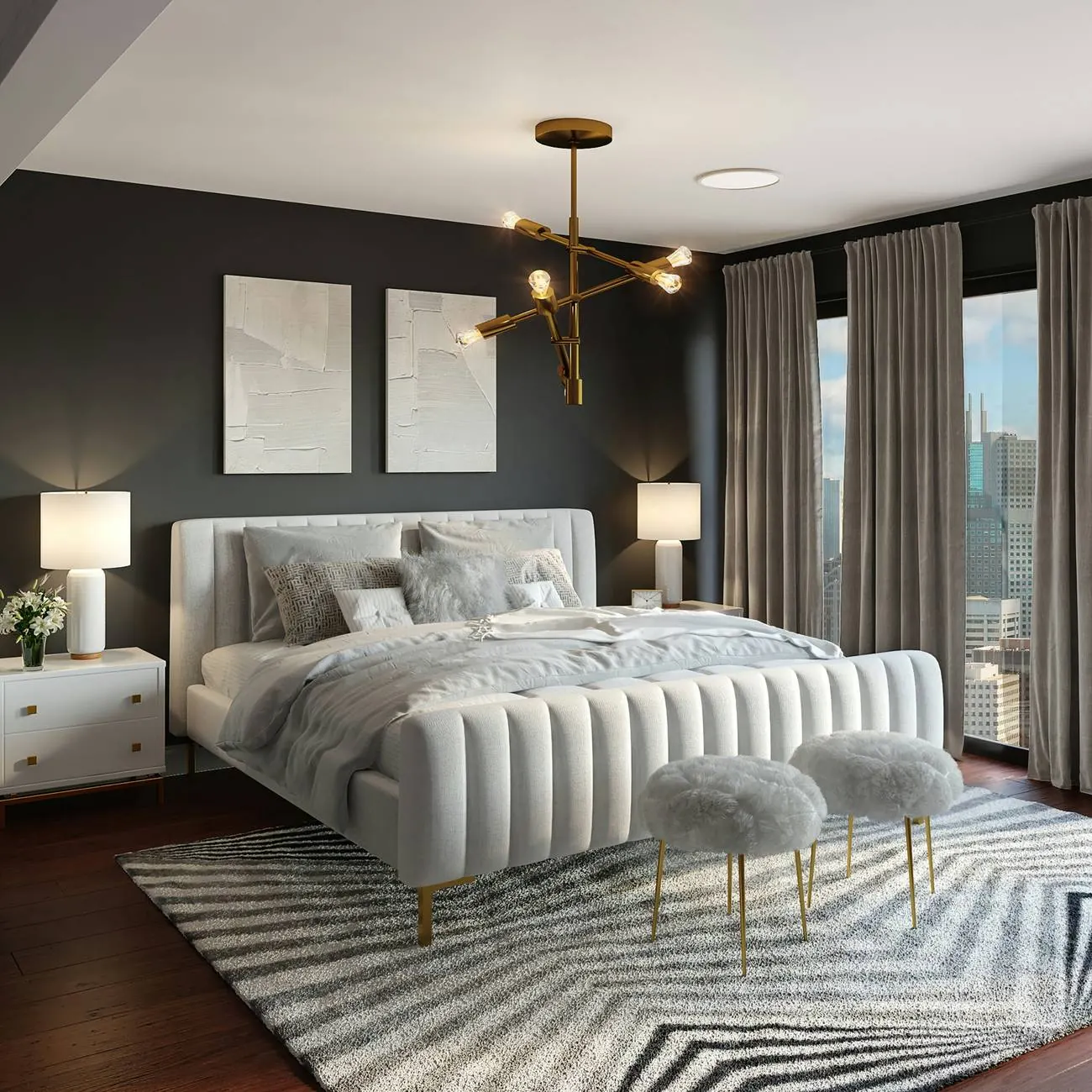 Dormitorio con cama tapizada, ropa de cama gris, cortinas y puf